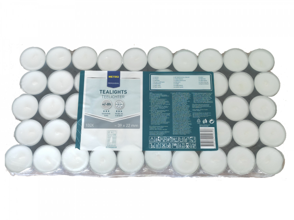 100 Stück Teelichter im Pack. Im Alubecher Durchmesser 39 x Höhe 22mm  Farbe Weiß, Brenndauer bis zu  8 Stunde,